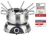 Clatronic FD 3516 elektrischer Fonduetopf, Topf mit abnehmbaren Spritzschutz, Fondue-Set für 8 Personen mit Edelstahl Fondue-Gabeln, farblich markiert, Füllmenge max. 1,2 Liter/1400 Watt, Edelstahl