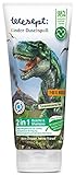 tetesept 2 in 1 Kinder Shampoo und Duschgel T-Rex-World – pH-hautneutrales Kinder Duschgel mit Panthenol – Pflegedusche mit Apfelduft – 1 x 200 ml