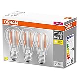 OSRAM LED BASE Classic A75, klare Filament LED-Lampen aus Glas für E27 Sockel, Birnenform, Warmweiß (2700K), 1055 Lumen, Ersatz für herkömmliche 75W-Glühbirnen, 3er-Box