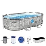 Bestway Power Steel Swim Vista Series Frame Pool Komplett-Set mit Filterpumpe 427 x 250 x 100 cm, Steinwand-Optik (Cremegrau), oval