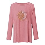 LpQsy Trikot Frauen Klassische Sweater Langärmliges Plissee Sweater Frauenkleidern Baumwolle Gemustertes Festliche Weites Luftige Party Tunika Rundhals Rosa