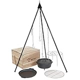 BBQ-Toro 6-teiliges Dutch Oven Kit in Holzkiste | Gusseisen, bereits eingebrannt - preseasoned | Set aus Topf, Pfanne, Grillrost, Holz Kiste und Dreibein | Für Camping, Outdoor, Garten und Terrasse