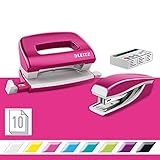 Leitz 55996023 Mini-Heftgerät-und Locher-Set (für bis zu 10 Blatt, Inkl. Heftklammern, WOW) metallic pink