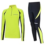 Airtracks Herren Winter Laufset Pro Thermo Laufhose Lang Laufshirt Langarm Sweatshirt Fleece Funktionsshirt Sport Langarmshirt Jogginghose Leggins - schwarz-neon - L