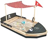 Piratenschiff Sandkasten aus Holz | Boot | Segelschiff | Sandkiste | Sandbox mit rotem Sonnensegel & Flagge, Abdeckung, Vlies Bodenplane, Kordel, Flaggenmast & Steuerrad für Kinder Anthrazit / Grau