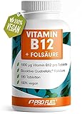 VITAMIN B12 Tabletten 180x mit 1000µg Vit B12 + FOLSÄURE 400µg, hochdosiertes Methylcobalamin B12 + bioaktive Quatrefolic® Folsäure, ohne unerwünschte Zusätze, laborgeprüft & zertifiziert, 100% vegan