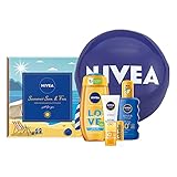 NIVEA Sun & Fun Set, verwöhnendes Sonnenschutz Pflegeset, Geschenkset für Rundumschutz im Sommer mit Sonnenspray, Pflegedusche, Labello und mehr