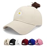 BLURBE Baseball Cap Für Pferdeschwanz - Dame Baseball Kappe Einstellbar Ponytail Baseballmütze UV Mit Chrysanthemenstickerei Sonnenhut Sonnenschutz Verstellbar Sport Mütze Outdoor (Khaki)