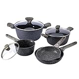 Country Kitchen Induktions-Kochgeschirr-Set, antihaftbeschichtet, Aluminiumguss, Töpfe und Pfannen mit Bakelit-Griffen, ungiftige Töpfe und Pfannen, gesprenkeltes Schwarz mit schwarzen Holzgriffen