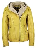 Jilani - Damen Echtleder Lederjacke Lammnappa Teddyfell Kapuze Lemon gelb antik Größe 38