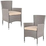 Casaria 2er Set Poly Rattan Gartenstuhl mit Auflage Stapelbar Wetterfest 160 kg Belastbar Stapelstuhl Garten - Beige Grau