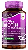 Biotin mit Zink, Selen und Kupfer Hochdosiert – 10000mcg Biotin pro Tablette – 365 Tabletten – Premium Zink von Albion® – Ohne Magnesiumstearate - Vegan - Hergestellt von Nutravita