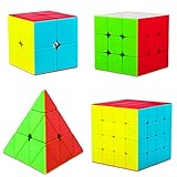 Coolzon Speed Zauberwürfel Set, 4 Packung Aufkleberlos Magic Cube Set 2x2 3x3 4x4 Pyraminx Dreieck, einfach drehend 3D Puzzle Cube Spiele Spielzeug Geschenk für Kinder Erwachsene