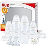 NUK Perfect Start First Choice+ Babyflaschen-Set | 0–6 Monate | 4 x Flaschen mit Temperaturkontrolle, Schnuller, Flaschenbürste & mehr | BPA-frei | Herz (neutral) | 10 Stück