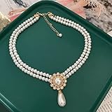 ZJJZHZD Damen-Perlenkette Vintage Green Imitation Pearl Choker Frauen Mädchen Einfache Double Strang Halskette Retro Classic Brautschmuck Frau und Mutter