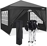 cobizi Pavillon WASSERDICHT, Pavillon inkl,Tasche wasserabweisend höhenverstellbar faltbar Pop-up Gartenzelt Partyzelt，Schwarz, 3 x 3 m + 4 Seitenteilen + Tasche