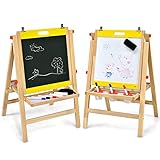 LIFEZEAL 2 in 1 Kindertafel, Höhenverstellbare Staffelei Kinder, Standtafel aus Holz, Abklappbare Maltafel, Doppelseitenbrett mit Kreidetafel & Whiteboard, mit Zubehör & Ablageregal (Gelb)