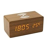 Syfunlv LED Digitaler Holz Wecker,Digitaler Holzwecker mit Temperaturanzeige digital Uhr mit drahtloser Aufladung mit Wireless Charger Datum 4 Helligkeit,Für Zuhause Schlafzimmer Und Büro (Braun)