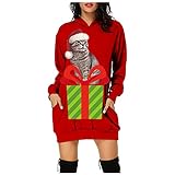 Fannyfuny Weihnachtspullover Kleid Damen Minikleid Weihnachten Abendkleid Festival Langarm Weihnachtskleid Langarm Strickkleid Brautkleid Kapuzenpulli Tops Lang Weihnachts Sweatshirt mit Taschen