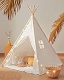 Tiny Land Tipi Spielzelt für Kinder mit Gepolsterter Decke & Lichterkette & Aufbewahrungstasche Baumwolle- Segeltuch Kinderzelt (Weiß 165cm Hoch) Spielhaus Kinder