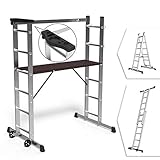 VOUNOT Alu Leitergerüst 3 in 1, Baugerüst Alugerüst Gerüst, Aluminium Leiter und Gerüst, Arbeitsbühne bis 150KG Belastbar, 2x6 Sprossen