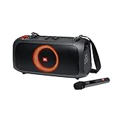 JBL PartyBox On-The-Go in Schwarz – Tragbarer Bluetooth Party-Lautsprecher mit Lichteffekten und kabellosem Mikrofon – Spritzwassergeschützt – Leistungsstarker Akku