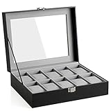 SONGMICS Uhrenbox mit 10 Fächern, Uhrenkasten mit Glasdeckel, Uhrenkoffer mit Herausnehmbaren Uhrenkissen, SAMT-Innenfutter, Metallverschluss, aus PU, Schwarz JWB010BK, Grau, 25,4 x 7,8 x 20,2 cm