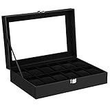 SONGMICS Uhrenbox mit 12 Fächern, Uhrenkasten mit Glasdeckel, Uhrenkoffer mit herausnehmbaren Uhrenkissen, Premium-Uhrenschatulle, PU-Bezug in Schwarz, Samtfutter in Schwarz JWB12B