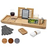 TEMPLE SPRING - Badewannenablage Bambus mit Kerzen-, Weinglas-, Buch-, Tablet-, iPad- und Telefonhalter. Badewannentablett ausziehbar, Badewannenablage Holz, Bathtub Tray 100 % Bambus (Naturholz)