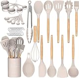 Umite Chef Küchenutensilien-Set, antihaftbeschichtet, Silikon, Küchenutensilien, Spachtel-Set mit Halter, Holzgriff, hitzebeständiges Silikon, 24-teilig