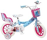 Disney Mädchen Fahrrad 30,5 cm (12 Zoll), Eiskönigin 2 Bremsen, Korb vorne und Puppenträger hinten + 2 abnehmbare Stabilisatoren vorne & Puppenträger, Himmelblau, Weiß und Fuchsia, 12''