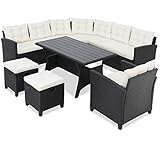 Casaria Poly Rattan Sitzgruppe Porto WPC Esstisch Auflagen Kissen Wetterfest Outdoor Sitzgarnitur Ecklounge Gartenmöbel