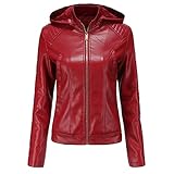 CCOOfhhc Lederjacke Mit Kapuze Damen Herbst Winter Motorrad Jacke Bomberjacke Bikerjacke mit Reißverschluss Abnehmbare Kapuzen Übergangsjacke Kunstleder Jacken Große Größen