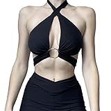 Damen Frühling Sommer Tiefer V-Ausschnitt Camisole Crop Tops Halfter Rückenfrei mit Metallschlaufe Crossover Straps Tank Top (M)