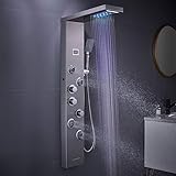 KEOKBON LED Duschpaneel mit Massagedüsen Regendusche Wasserfall Handbrause Badewanne Auslauf 5 Modi für Badezimmer Wandmontage Edelstahl Duschpaneele,aus gebürstetes Edelstahl 304