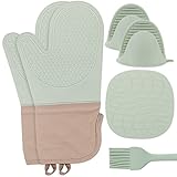 Ofenhandschuhe Topfhandschuhe Anti-Rutsch mit Hitzebeständige Backhandschuhe - 6er Set Kochhandschuhe Topflappen Silikon Hitzebest Geeignet Küchenhandschuhe für Kochen Backen Grillen（Mintgrün）