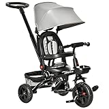 HOMCOM Dreirad mit Schubstange drehbarer Sitz 4-in-1 Kinderdreirad Kinder Fahrrad klappbar abnehmbar Kinderauto Metall Eva Grau 111,5 x 52 x 98 cm