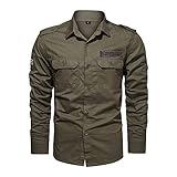 SEBIB Hemd Herren Casual Frühling Herbst Gesticktes Etikett Einfarbig Hemd Herren Trend Basic Cargo Hemd Herren Lange Ärmel Slim Fit Hemd Herren A-Army Green1 3XL