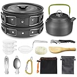 AUTOPkio Camping Kochgeschirr Set, Portable Camping Töpfe mit 0.8L Teekessel Outdoor Kochset Kochtopf Pan Set für 2-3 Persone BBQ Wandern Kochen