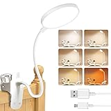 Bteng Leselampe Bett, 36 LED Klemmlampe mit Touch Dimmbar 6 Farben und 5 Helligkeit Augenschutz Klemmleuchte Kinder USB Wiederaufladbar Nachttischlampe Klemmbar für Studieren Arbeiten, Weiß