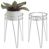 mDesign 2-er Set Midcentury Pflanzenständer für Blumen, Sukkulenten aus Metall – runder Blumenständer im modernen Design – platzsparende Blumensäule für drinnen und draußen – silberfarben