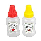 Hilai Untertassen, 2 Stück Mini Ketchup Flaschen, 25 ml nachfüllbare Tomaten Ketchup Squeeze Container Flasche, Plastik tragbarer quetschierbarer Squirt Gewürze Gläser für Kinder Schulbüroangestellte