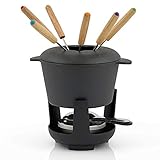 BBQ-Toro Gusseisen Fondue Set für 6 Personen | 1 Liter | Fondueset 13 teilig mit Brenner und Gabeln | Fondue-Set, Käsefondue Set, Fleischfondue Set, Schokofondue Set (schwarz bereits eingebrannt)