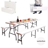 TRUTZHOLM Bierzeltgarnitur 3 teilig Tisch + 2 x Bank | Festzeltgarnitur mittig klappbar Biertisch Campingtisch 180x75cm 3tlg= 2 Bierbänke + 1 Biertisch Sitzgarnitur Bank 3 Stützen, kein Umkippen mehr