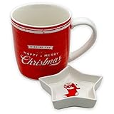 2tlg-Set Kaffeebecher Teetasse mit Schale für Gebäck Teebeutelablage, Henkel-Becher zum Genießen von Tee Kaffee, Festliches Motiv Weihnachtszeit (Happy & Merry Christmas)