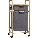 HOMCOM Wäschekorb Wäschebox mit 2 Stoffbeutel Wäschesack Wäschesammler mit Rollen Aufbewahrungskorb Bambus Naturholz+Grau 42 x 35 x 84,5 cm