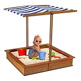 Sandkasten mit Abdeckung Dach 120 x 120 x 117 cm Sandkiste Kindersandkasten mit Ausfahrbarem Dach, UV Sonnenschutz und Regenschutz, Sandkiste aus Holz für Garten, Terrasse, Strand, Outdoor