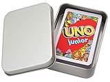 UNO Junior Kartenspiel Neue Edition für Kinder, Kinderspiele geeignet für 2 - 4 Spieler ab 3 Jahren + Metalldose für Spielesammlung