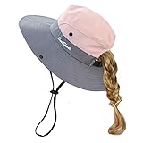 HGGE Kinder Mädchen Sonnenhut UV-Schutz breite Krempe Strandkappe mit Pferdeschwanzloch, rose, Einheitsgröße