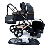 Pixini Kinderwagen Kalani 3in1 Kombikinderwagen, inkl. Babywanne & Buggy & Auto-Babyschale & Wickeltasche/Cupholder/Regenschutz (gold/schwarz)